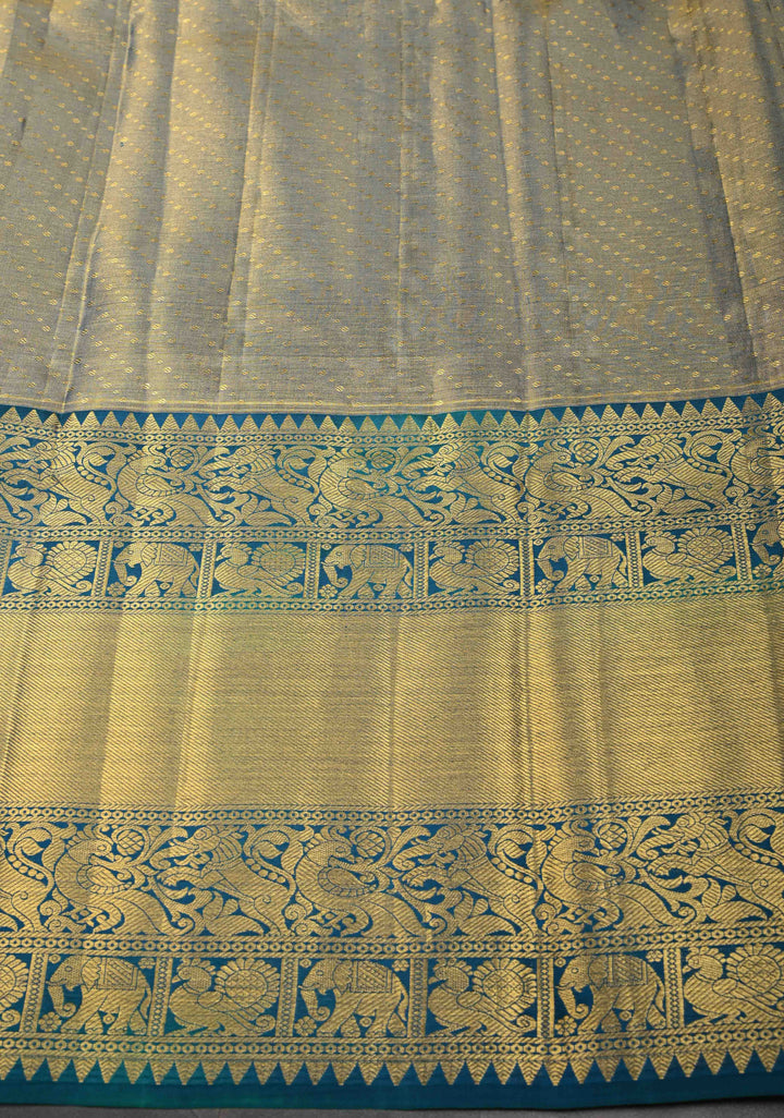 Salmon Tissue Kanjivaram Silk Saree with Meenakari Annapakshi Brocade and Wide Contrast Zari Border | SILK MARK CERTIFIED