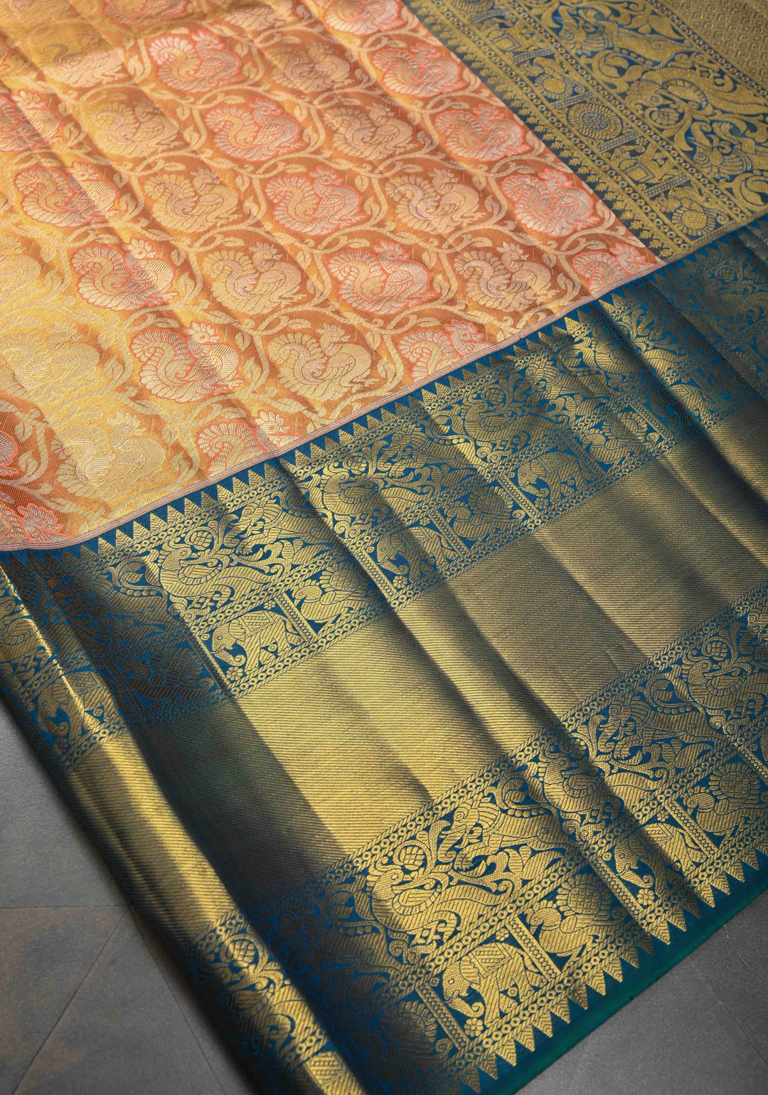 Salmon Tissue Kanjivaram Silk Saree with Meenakari Annapakshi Brocade and Wide Contrast Zari Border | SILK MARK CERTIFIED