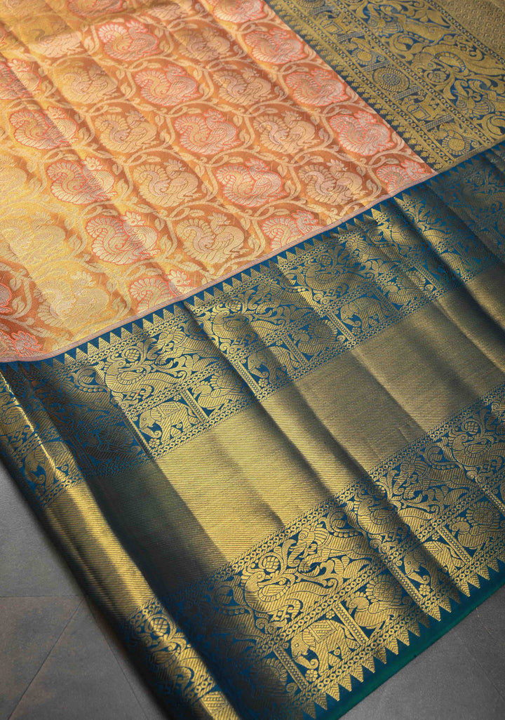 Salmon Tissue Kanjivaram Silk Saree with Meenakari Annapakshi Brocade and Wide Contrast Zari Border | SILK MARK CERTIFIED