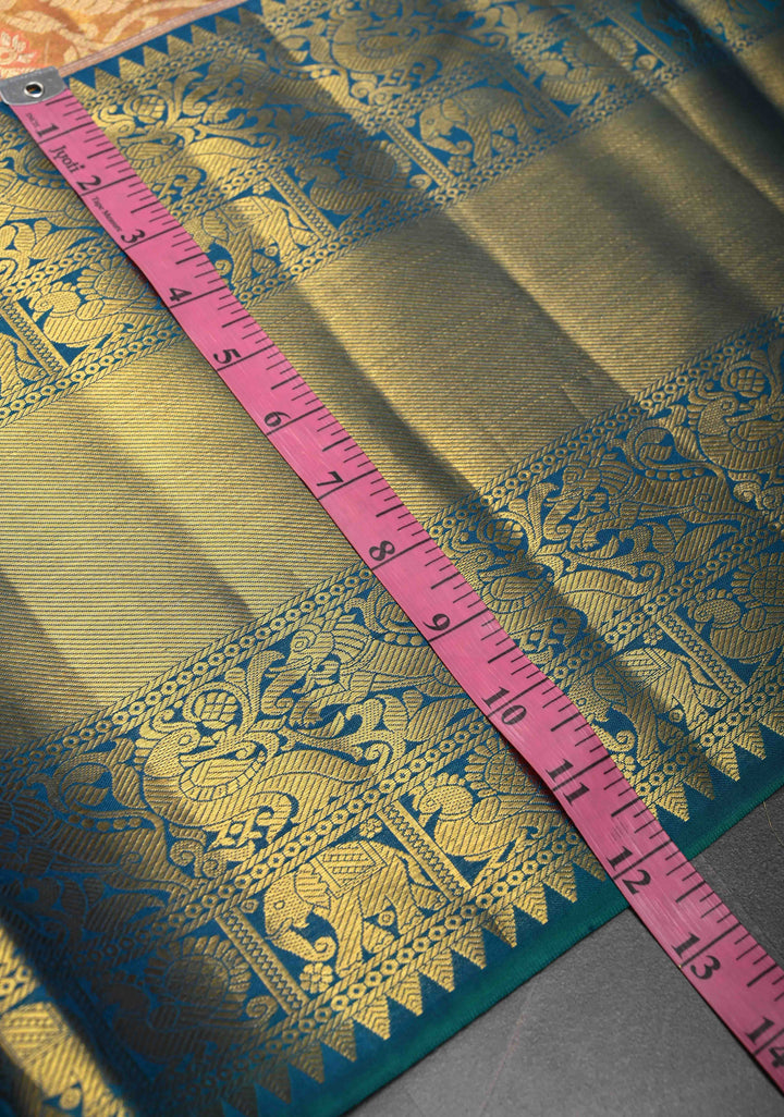 Salmon Tissue Kanjivaram Silk Saree with Meenakari Annapakshi Brocade and Wide Contrast Zari Border | SILK MARK CERTIFIED