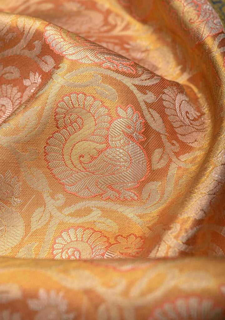 Salmon Tissue Kanjivaram Silk Saree with Meenakari Annapakshi Brocade and Wide Contrast Zari Border | SILK MARK CERTIFIED