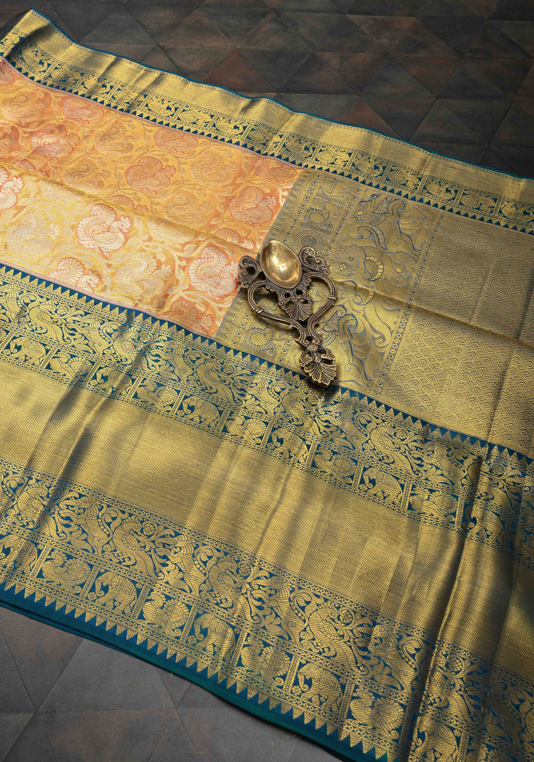 Salmon Tissue Kanjivaram Silk Saree with Meenakari Annapakshi Brocade and Wide Contrast Zari Border | SILK MARK CERTIFIED