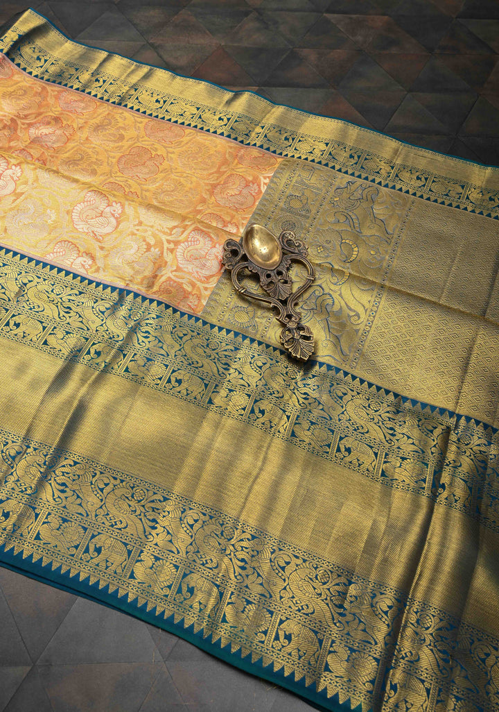 Salmon Tissue Kanjivaram Silk Saree with Meenakari Annapakshi Brocade and Wide Contrast Zari Border | SILK MARK CERTIFIED
