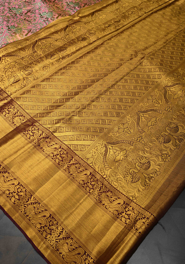 Pink Tissue Kanjivaram Silk Saree with Meenakari Floral-Birds Brocade Jaal and Contrast Zari Border | SILK MARK CERTIFIED