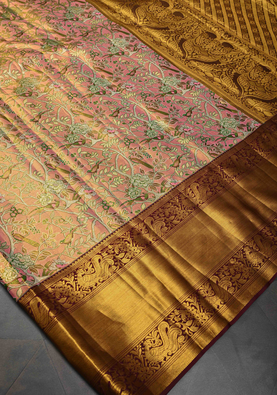 Pink Tissue Kanjivaram Silk Saree with Meenakari Floral-Birds Brocade Jaal and Contrast Zari Border | SILK MARK CERTIFIED