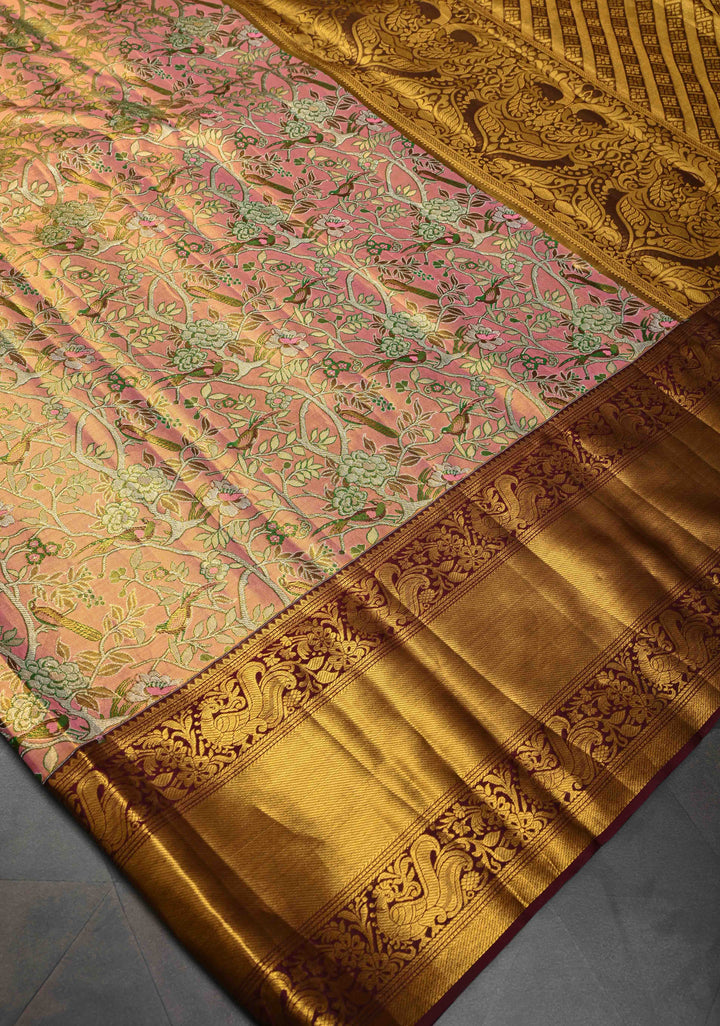 Pink Tissue Kanjivaram Silk Saree with Meenakari Floral-Birds Brocade Jaal and Contrast Zari Border | SILK MARK CERTIFIED
