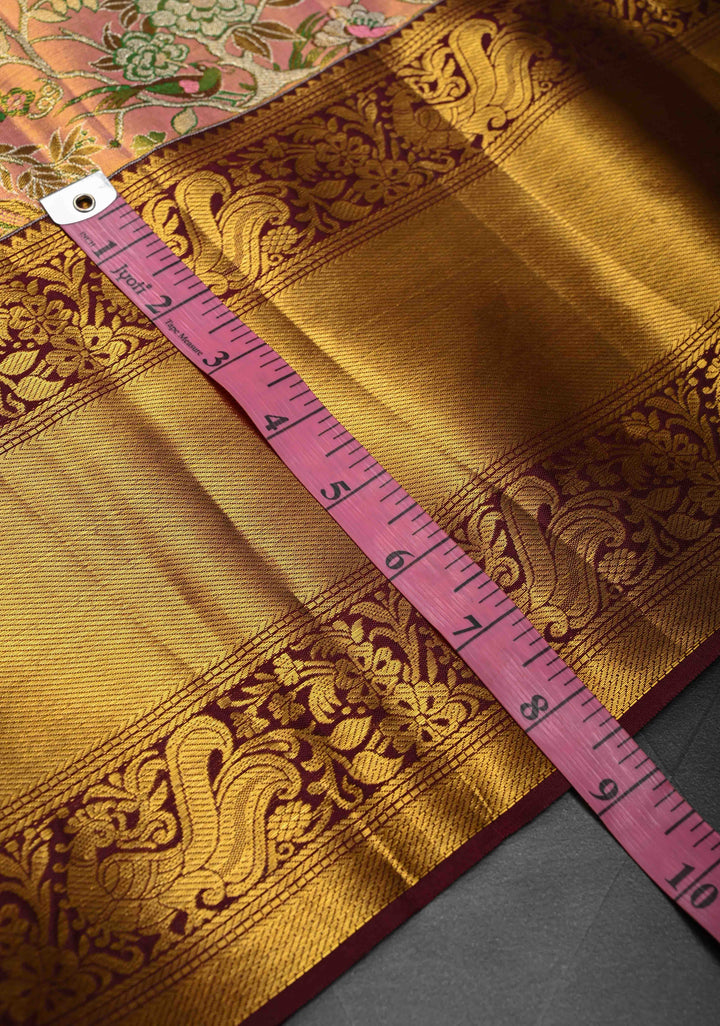 Pink Tissue Kanjivaram Silk Saree with Meenakari Floral-Birds Brocade Jaal and Contrast Zari Border | SILK MARK CERTIFIED