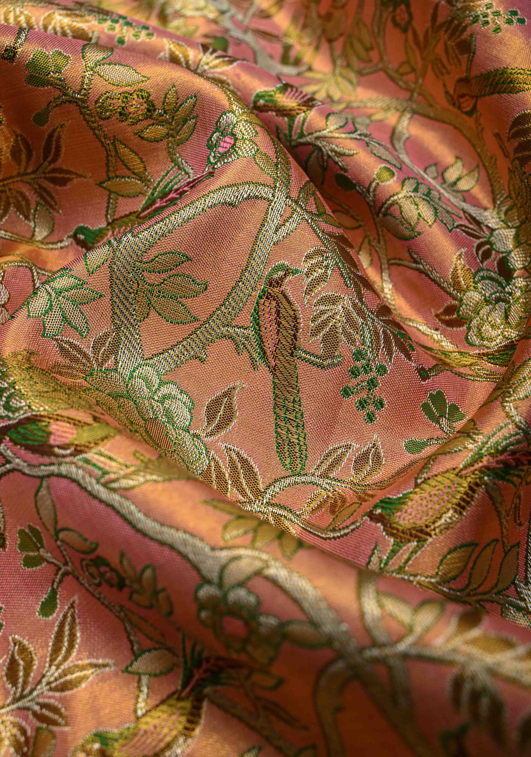 Pink Tissue Kanjivaram Silk Saree with Meenakari Floral-Birds Brocade Jaal and Contrast Zari Border | SILK MARK CERTIFIED