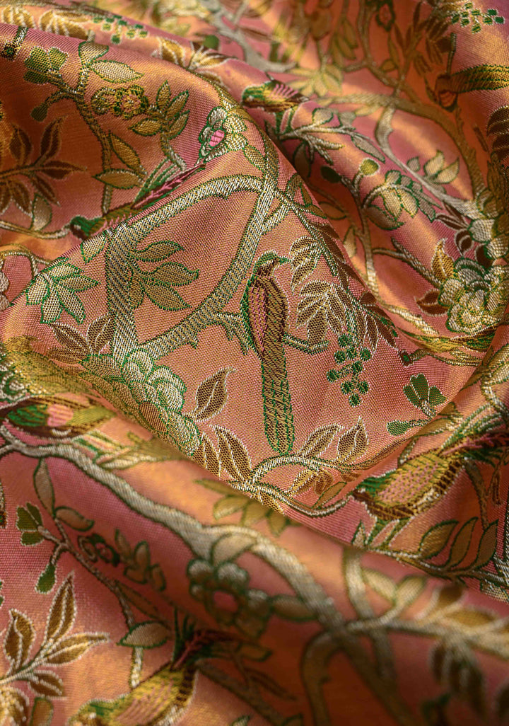 Pink Tissue Kanjivaram Silk Saree with Meenakari Floral-Birds Brocade Jaal and Contrast Zari Border | SILK MARK CERTIFIED