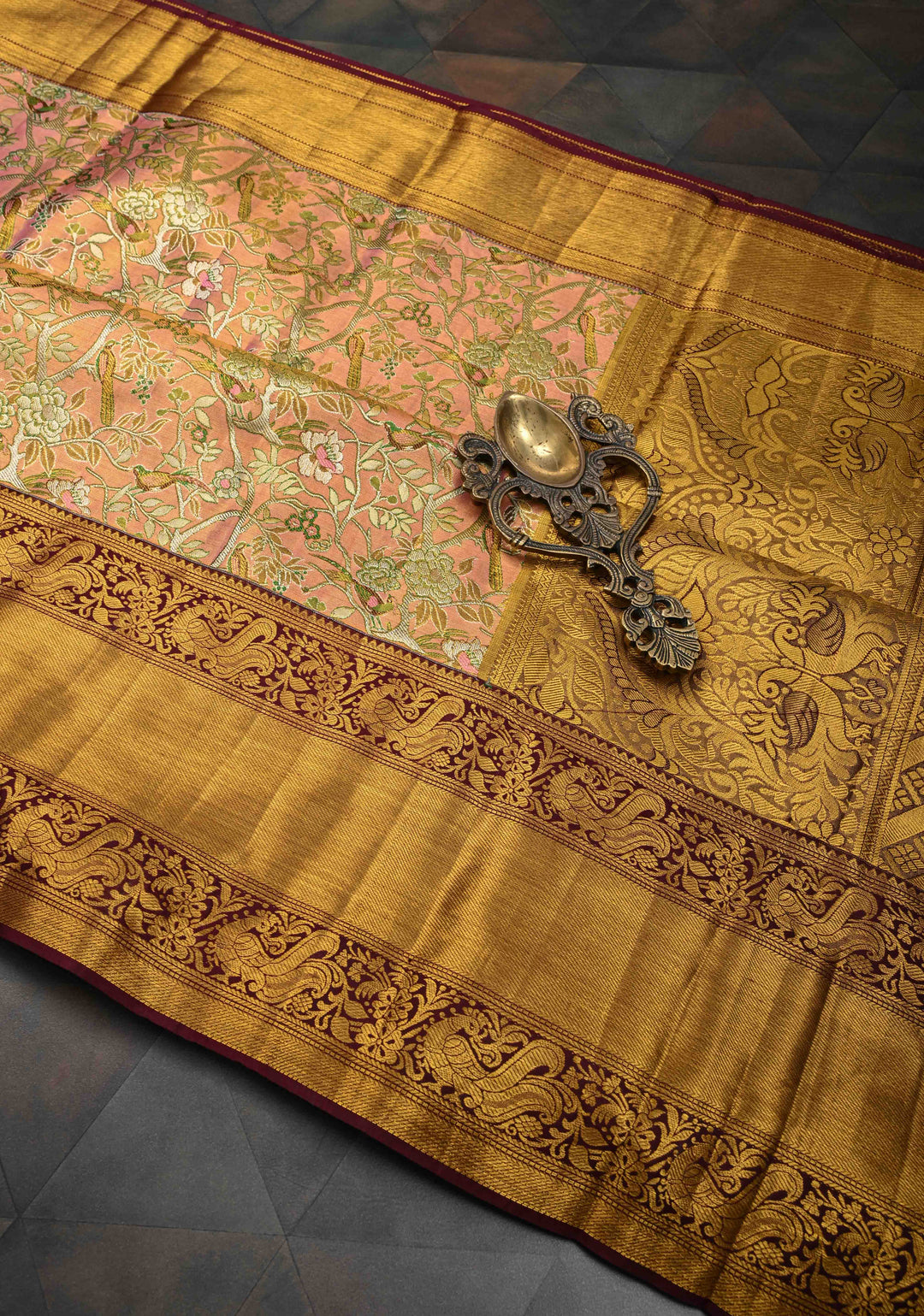 Pink Tissue Kanjivaram Silk Saree with Meenakari Floral-Birds Brocade Jaal and Contrast Zari Border | SILK MARK CERTIFIED