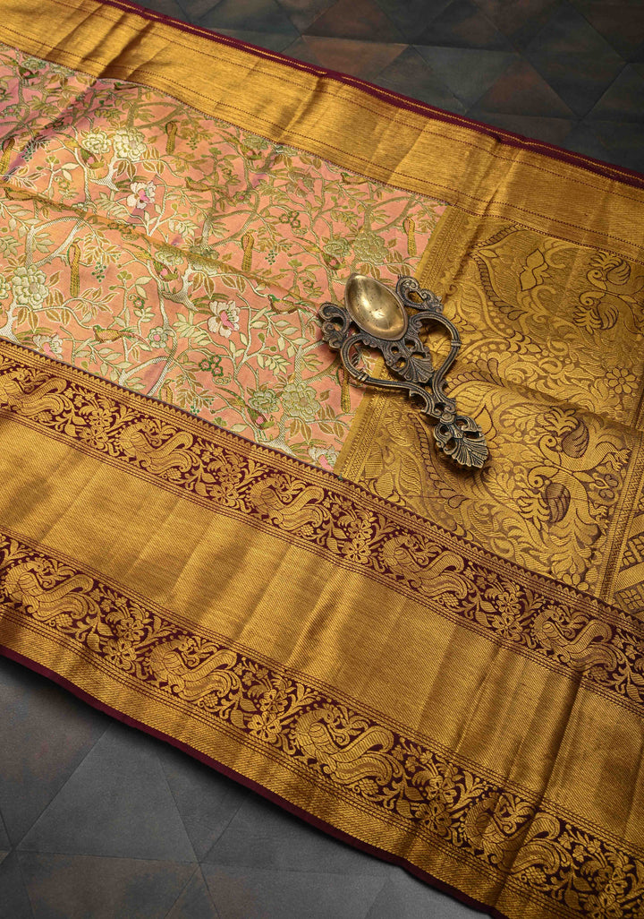 Pink Tissue Kanjivaram Silk Saree with Meenakari Floral-Birds Brocade Jaal and Contrast Zari Border | SILK MARK CERTIFIED