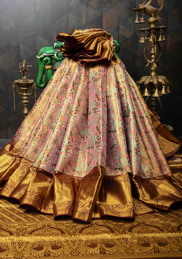 Pink Tissue Kanjivaram Silk Saree with Meenakari Floral-Birds Brocade Jaal and Contrast Zari Border | SILK MARK CERTIFIED