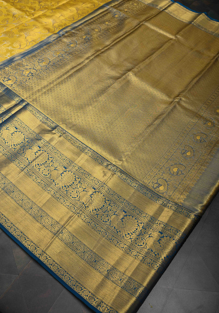 Moss Yellow Tissue Kanjivaram Silk Saree with Floral Jaal and Contrast Wide Zari Border | SILK MARK CERTIFIED