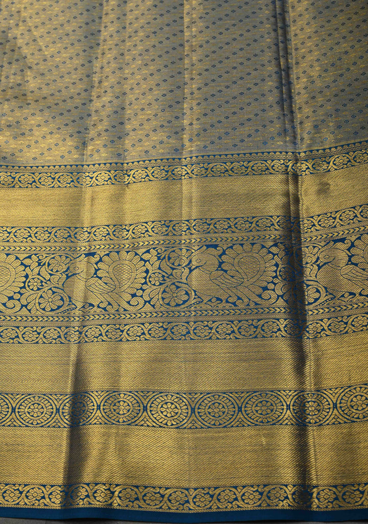 Moss Yellow Tissue Kanjivaram Silk Saree with Floral Jaal and Contrast Wide Zari Border | SILK MARK CERTIFIED