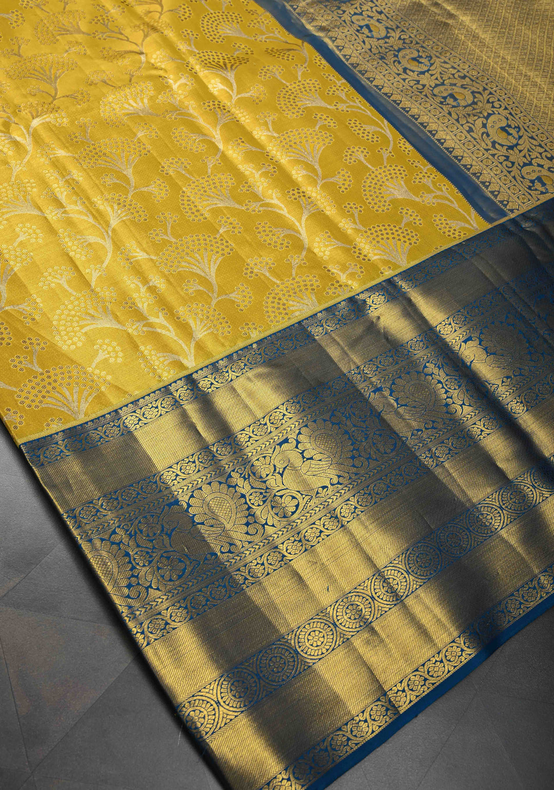 Moss Yellow Tissue Kanjivaram Silk Saree with Floral Jaal and Contrast Wide Zari Border | SILK MARK CERTIFIED