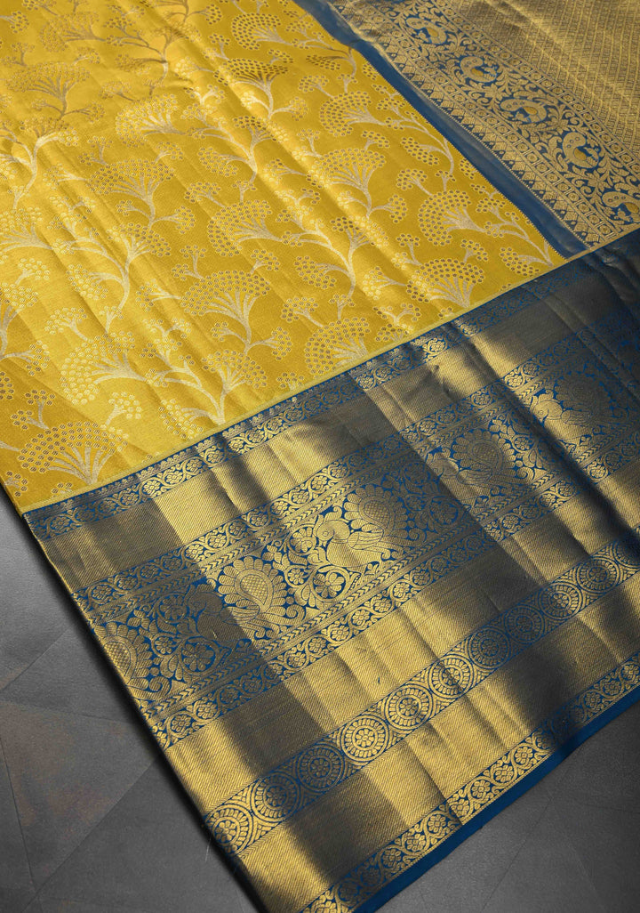 Moss Yellow Tissue Kanjivaram Silk Saree with Floral Jaal and Contrast Wide Zari Border | SILK MARK CERTIFIED