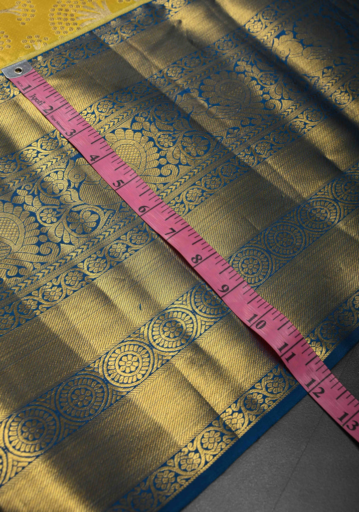 Moss Yellow Tissue Kanjivaram Silk Saree with Floral Jaal and Contrast Wide Zari Border | SILK MARK CERTIFIED