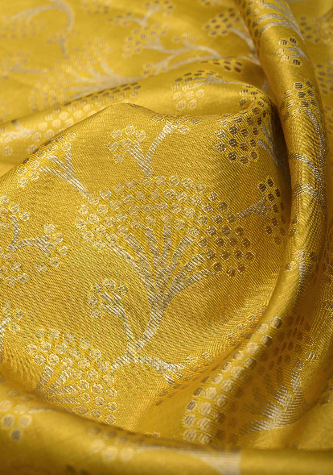 Moss Yellow Tissue Kanjivaram Silk Saree with Floral Jaal and Contrast Wide Zari Border | SILK MARK CERTIFIED