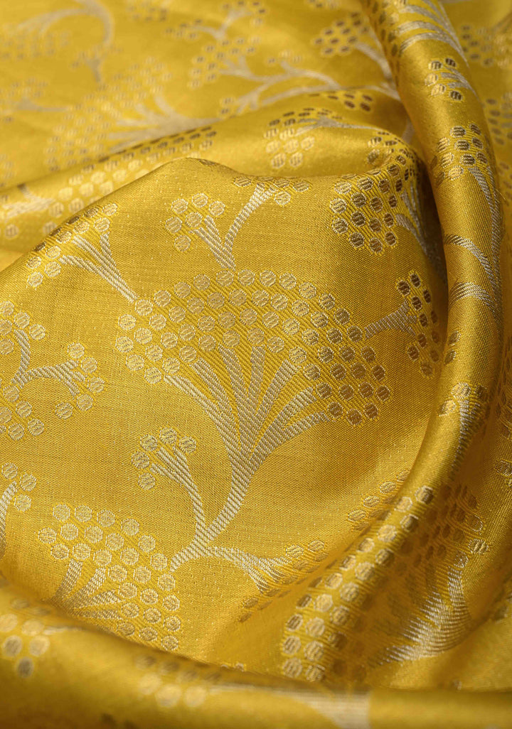 Moss Yellow Tissue Kanjivaram Silk Saree with Floral Jaal and Contrast Wide Zari Border | SILK MARK CERTIFIED
