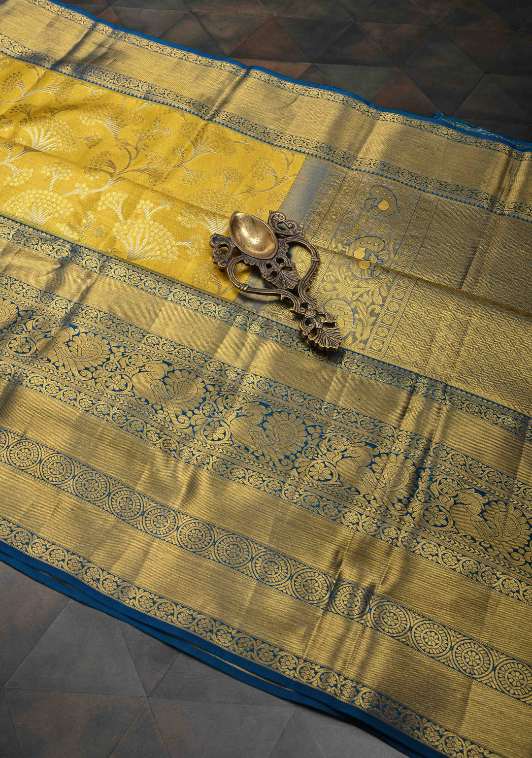 Moss Yellow Tissue Kanjivaram Silk Saree with Floral Jaal and Contrast Wide Zari Border | SILK MARK CERTIFIED