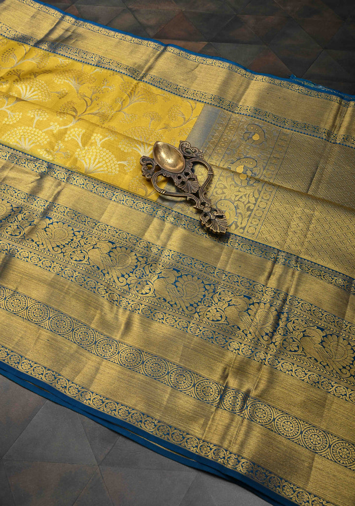 Moss Yellow Tissue Kanjivaram Silk Saree with Floral Jaal and Contrast Wide Zari Border | SILK MARK CERTIFIED