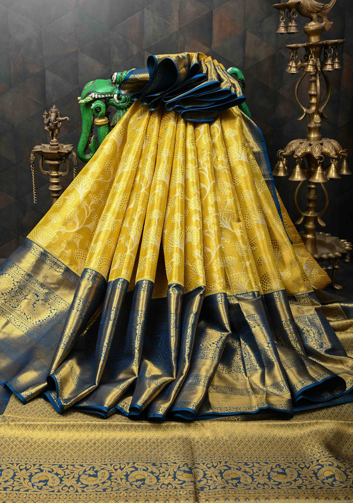 Moss Yellow Tissue Kanjivaram Silk Saree with Floral Jaal and Contrast Wide Zari Border | SILK MARK CERTIFIED