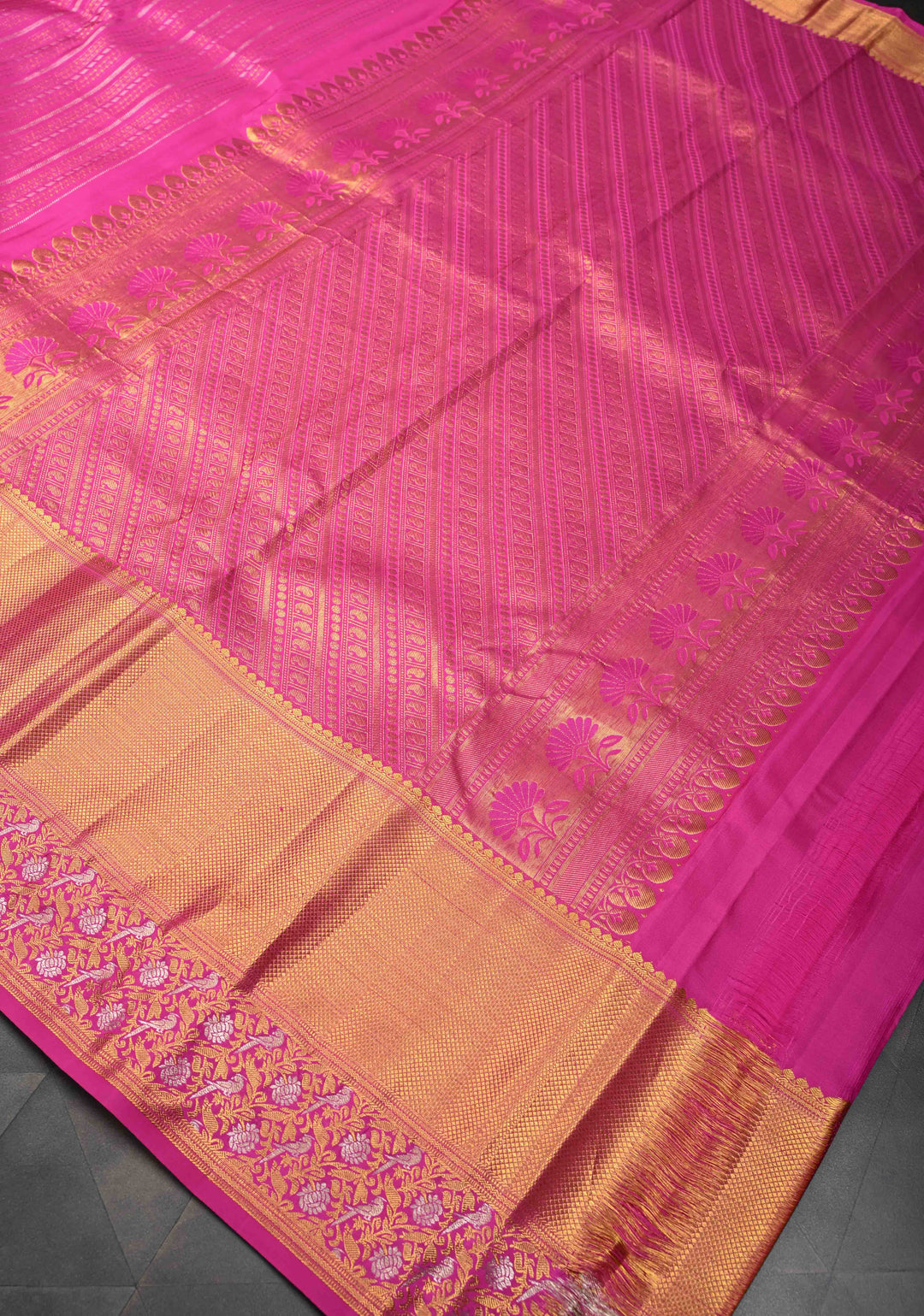 Dark Pink Kanjivaram Silk Saree with Ornate Zari Stripes and Birds on Zari Border | SILK MARK CERTIFIED