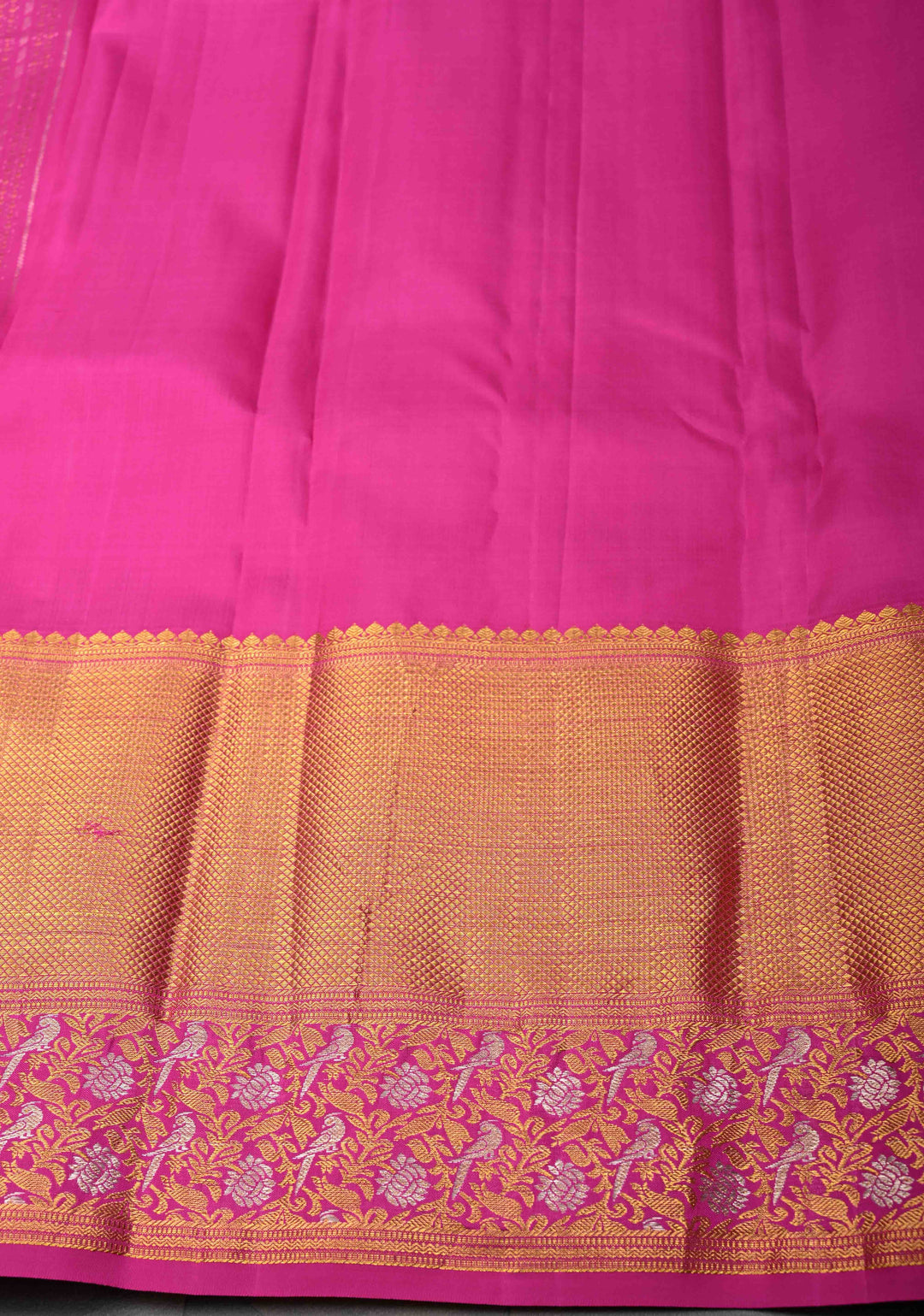 Dark Pink Kanjivaram Silk Saree with Ornate Zari Stripes and Birds on Zari Border | SILK MARK CERTIFIED