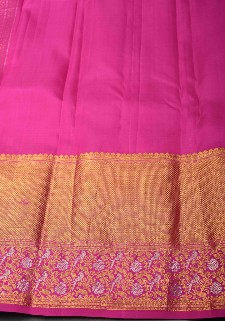 Dark Pink Kanjivaram Silk Saree with Ornate Zari Stripes and Birds on Zari Border | SILK MARK CERTIFIED