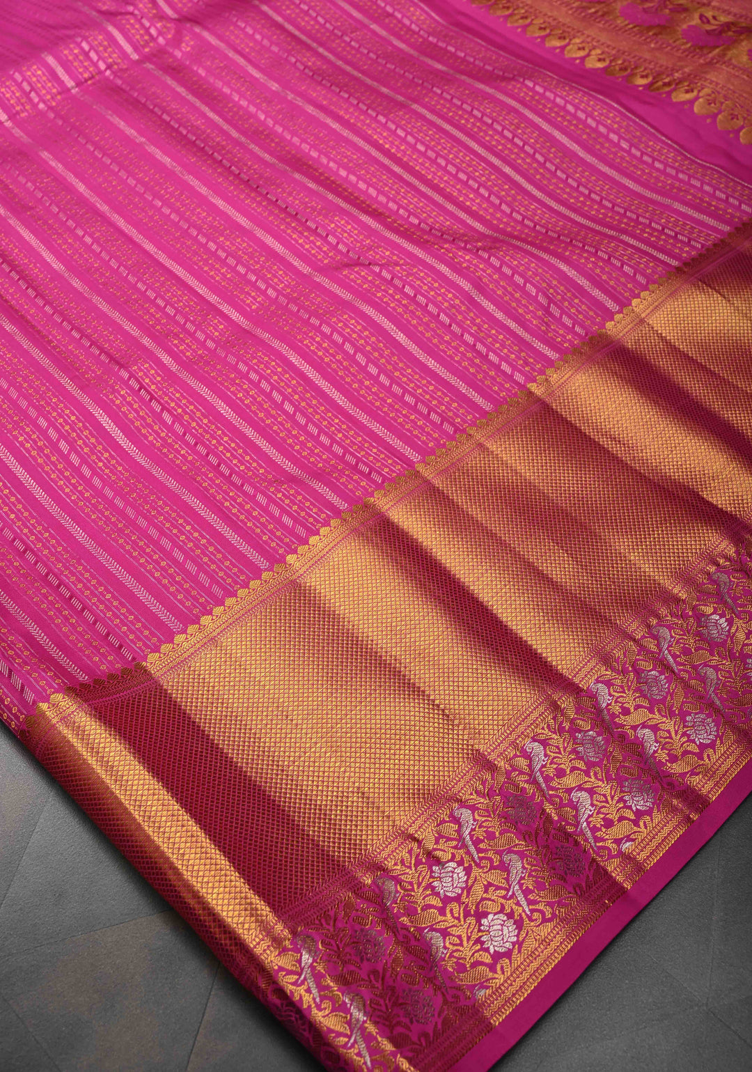 Dark Pink Kanjivaram Silk Saree with Ornate Zari Stripes and Birds on Zari Border | SILK MARK CERTIFIED