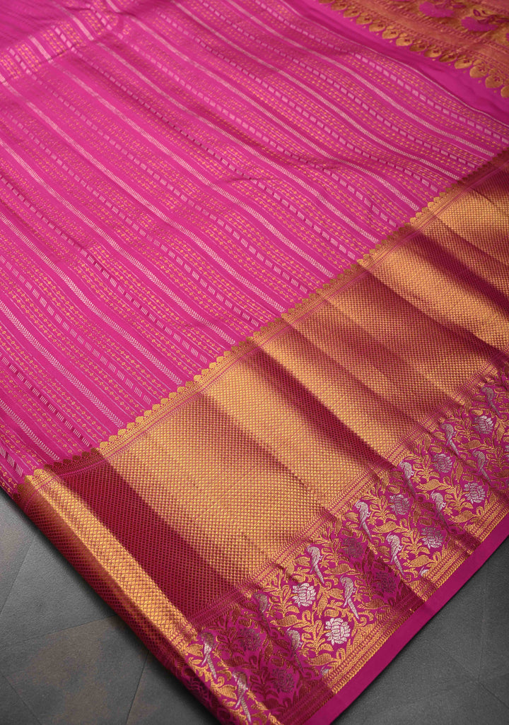 Dark Pink Kanjivaram Silk Saree with Ornate Zari Stripes and Birds on Zari Border | SILK MARK CERTIFIED