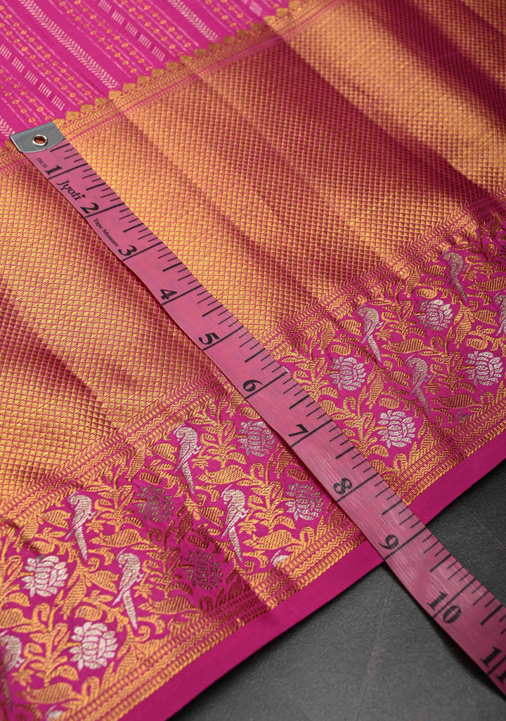 Dark Pink Kanjivaram Silk Saree with Ornate Zari Stripes and Birds on Zari Border | SILK MARK CERTIFIED