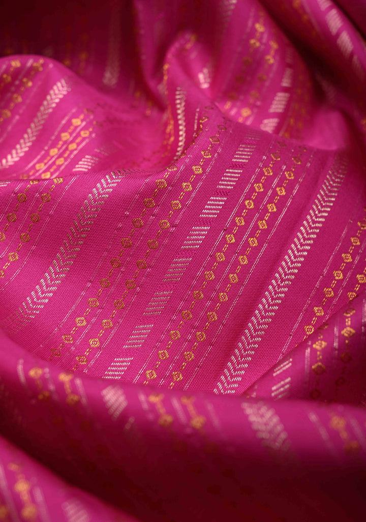 Dark Pink Kanjivaram Silk Saree with Ornate Zari Stripes and Birds on Zari Border | SILK MARK CERTIFIED