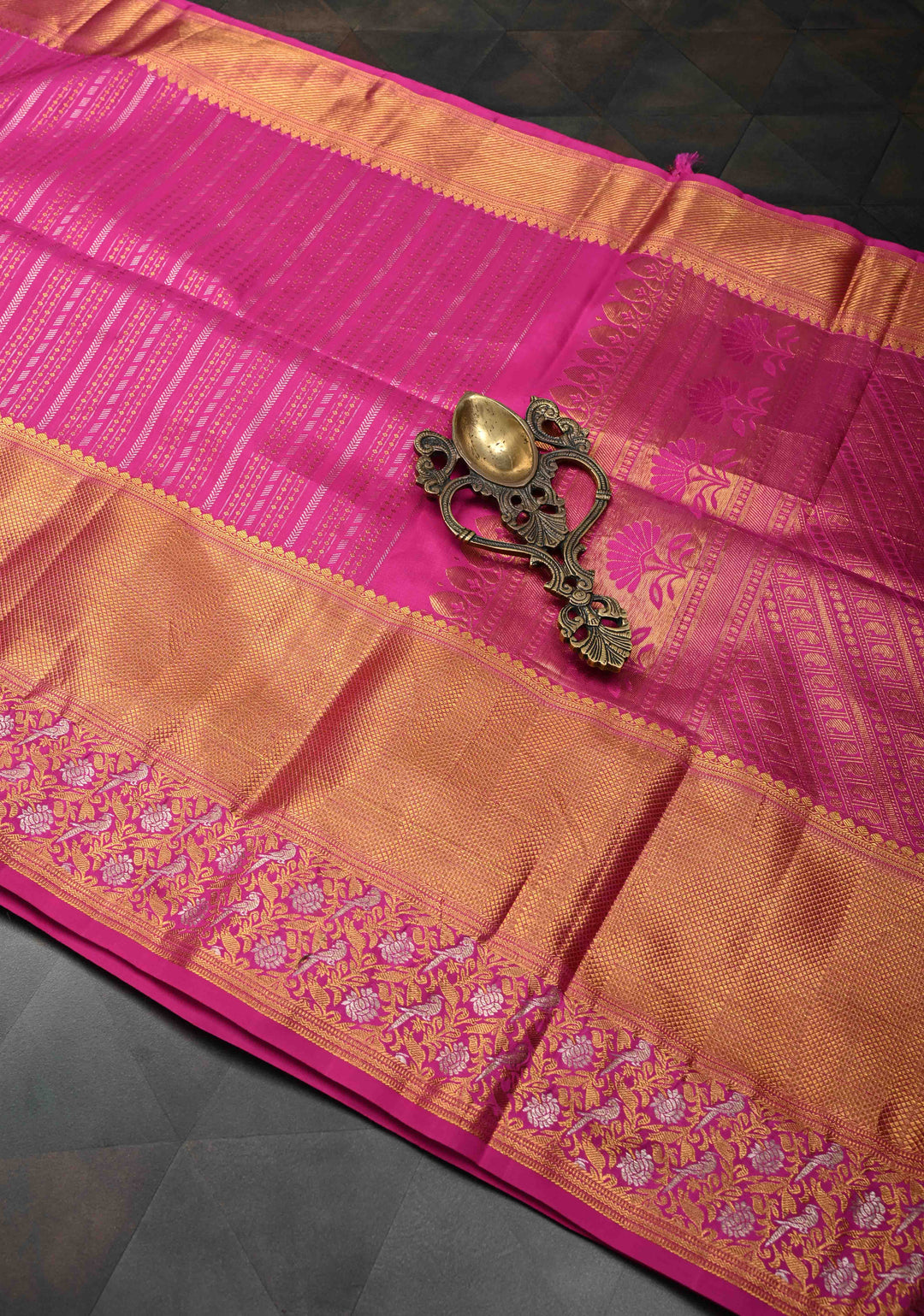 Dark Pink Kanjivaram Silk Saree with Ornate Zari Stripes and Birds on Zari Border | SILK MARK CERTIFIED