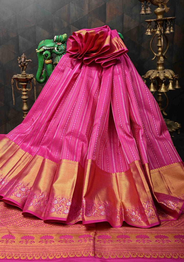 Dark Pink Kanjivaram Silk Saree with Ornate Zari Stripes and Birds on Zari Border | SILK MARK CERTIFIED
