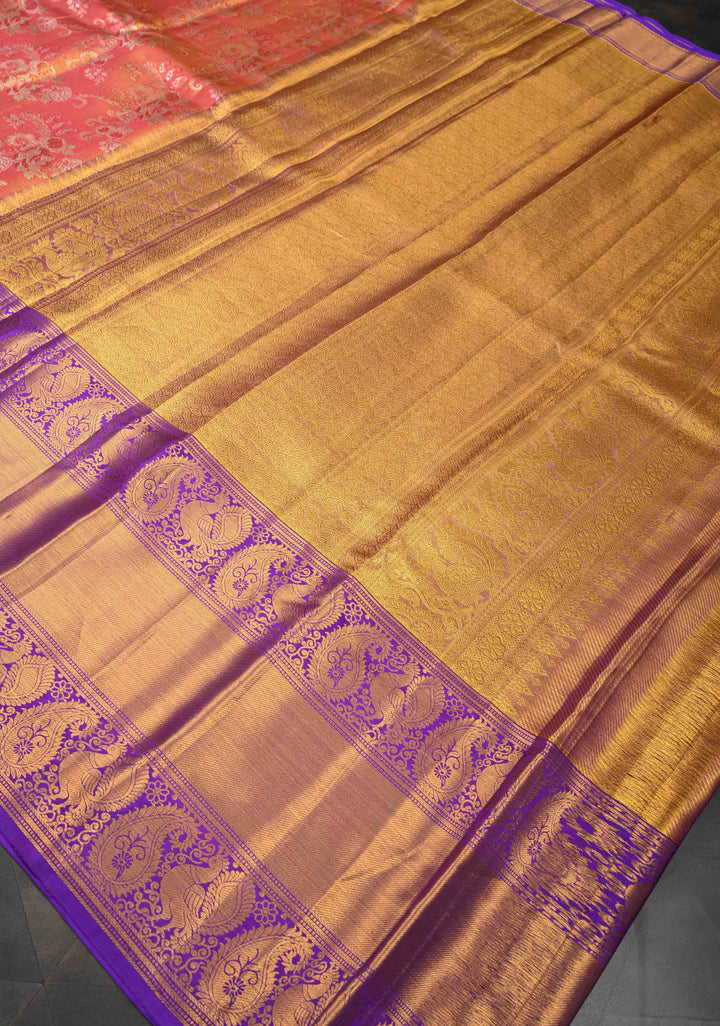 Reddish Pink Tissue Kanjivaram Silk Saree with Meenakari Floral Jaal Brocade and Contrast Wide Zari Border | SILK MARK CERTIFIED