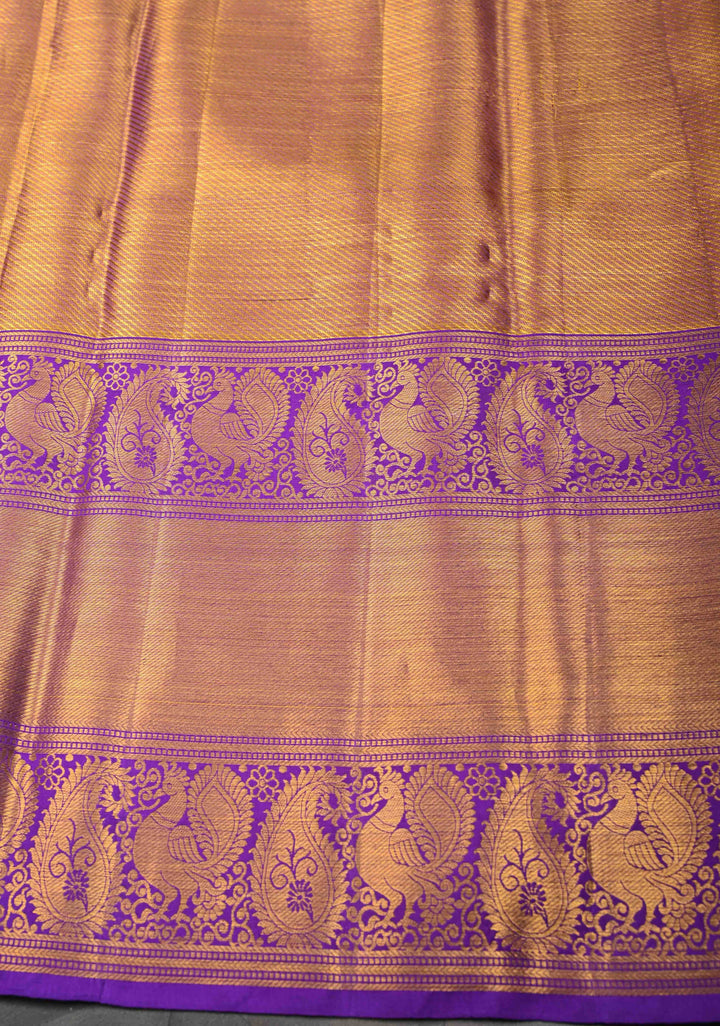Reddish Pink Tissue Kanjivaram Silk Saree with Meenakari Floral Jaal Brocade and Contrast Wide Zari Border | SILK MARK CERTIFIED