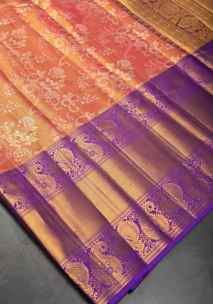 Reddish Pink Tissue Kanjivaram Silk Saree with Meenakari Floral Jaal Brocade and Contrast Wide Zari Border | SILK MARK CERTIFIED