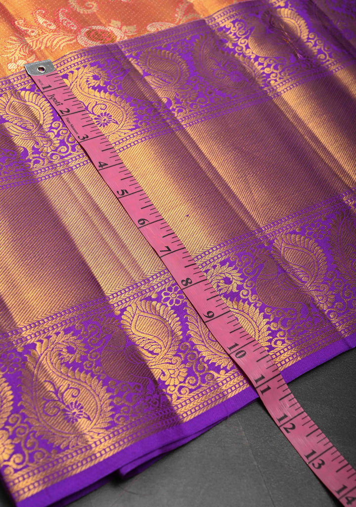 Reddish Pink Tissue Kanjivaram Silk Saree with Meenakari Floral Jaal Brocade and Contrast Wide Zari Border | SILK MARK CERTIFIED