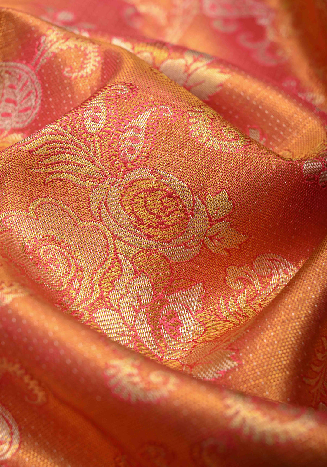 Reddish Pink Tissue Kanjivaram Silk Saree with Meenakari Floral Jaal Brocade and Contrast Wide Zari Border | SILK MARK CERTIFIED