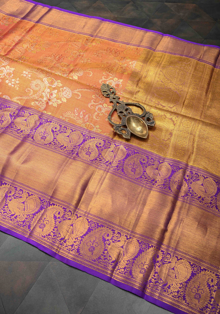 Reddish Pink Tissue Kanjivaram Silk Saree with Meenakari Floral Jaal Brocade and Contrast Wide Zari Border | SILK MARK CERTIFIED