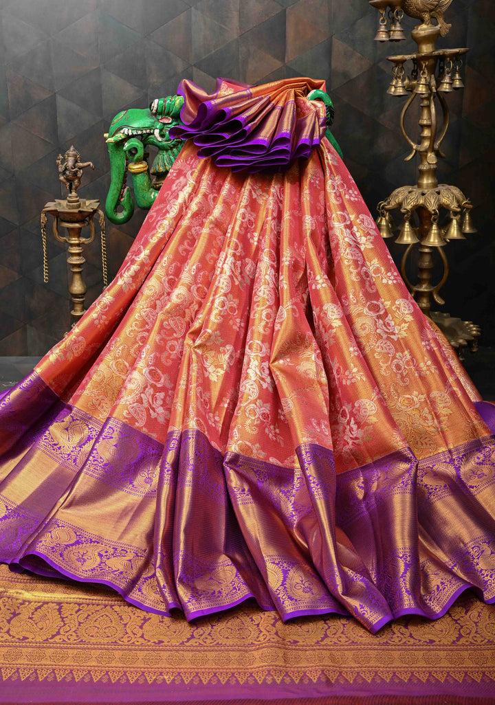 Reddish Pink Tissue Kanjivaram Silk Saree with Meenakari Floral Jaal Brocade and Contrast Wide Zari Border | SILK MARK CERTIFIED