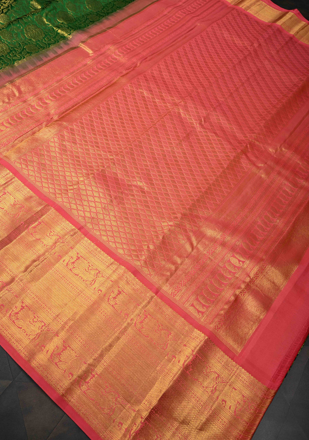 Dark Forest Green Kanjivaram Silk Saree with Brocade Jaal and Contrast Pink Zari Border | SILK MARK CERTIFIE