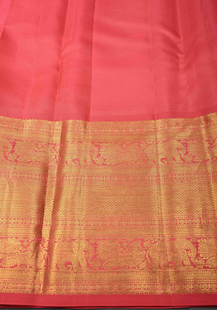 Dark Forest Green Kanjivaram Silk Saree with Brocade Jaal and Contrast Pink Zari Border | SILK MARK CERTIFIE