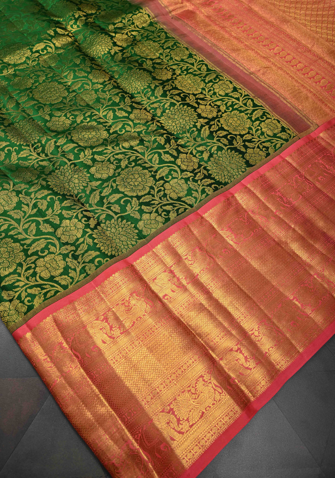 Dark Forest Green Kanjivaram Silk Saree with Brocade Jaal and Contrast Pink Zari Border | SILK MARK CERTIFIE