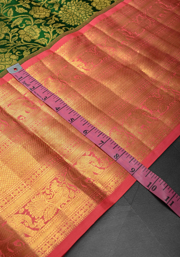 Dark Forest Green Kanjivaram Silk Saree with Brocade Jaal and Contrast Pink Zari Border | SILK MARK CERTIFIE