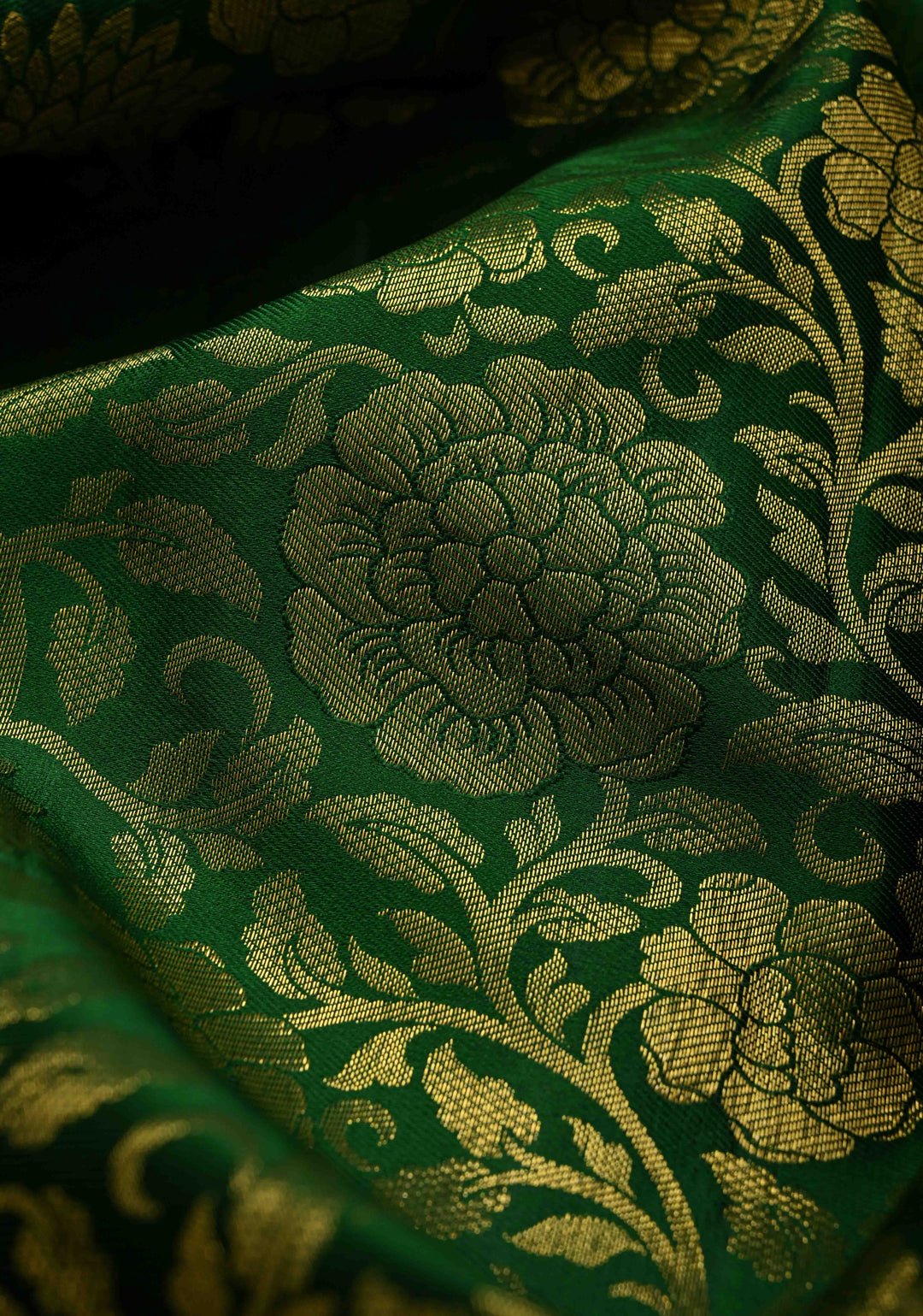 Dark Forest Green Kanjivaram Silk Saree with Brocade Jaal and Contrast Pink Zari Border | SILK MARK CERTIFIE