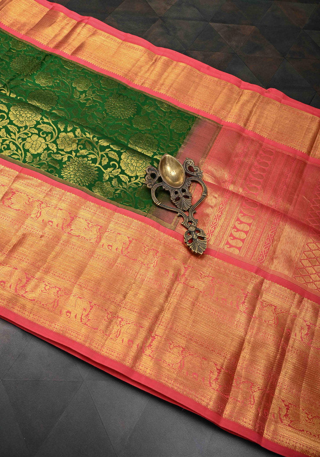 Dark Forest Green Kanjivaram Silk Saree with Brocade Jaal and Contrast Pink Zari Border | SILK MARK CERTIFIE