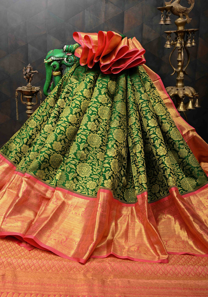 Dark Forest Green Kanjivaram Silk Saree with Brocade Jaal and Contrast Pink Zari Border | SILK MARK CERTIFIE