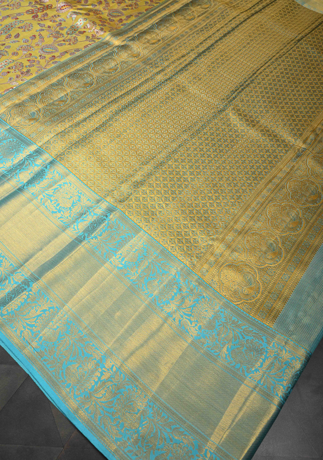 Neon Yellow Tissue Kanjivaram Silk Saree with Meenakari Floral Jaal and Wide Contrast Zari Border | SILK MARK CERTIFIED